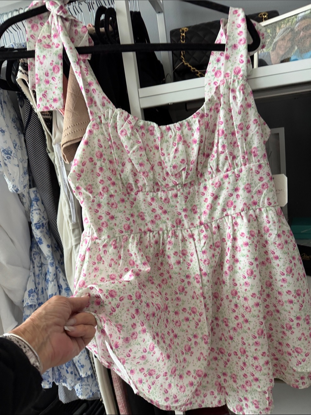 Altar'd State White Romper with Pink Floral Print and Tie Straps